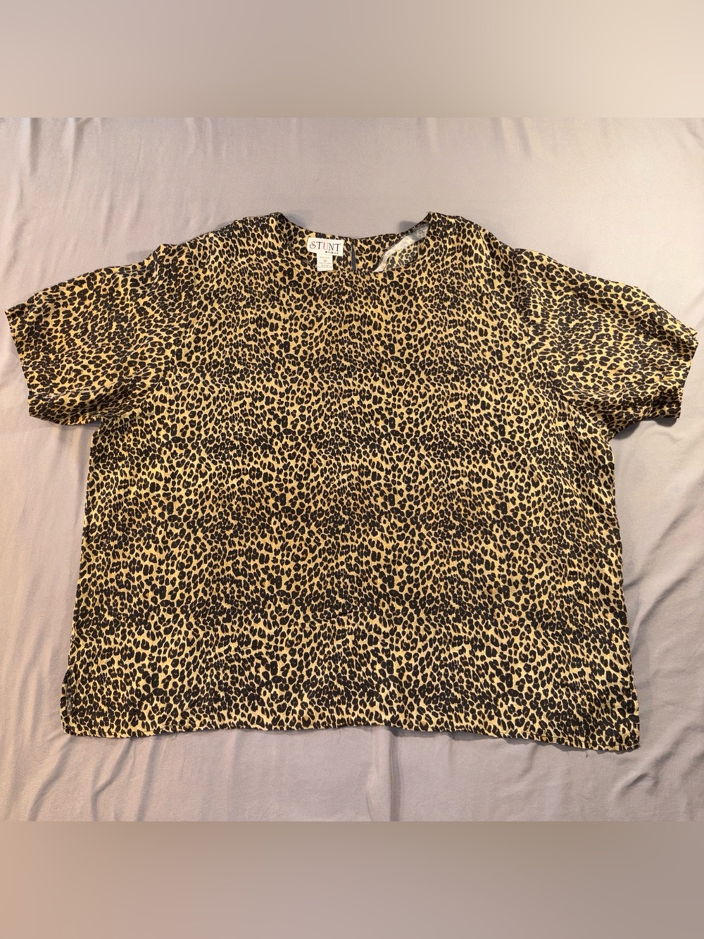Vtg STUNT Animal Leopard Print 100% Silk Short Sleeve Blouse Top Sz 2X Mob Wife